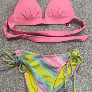 Pink and Multicolor Striped Bikini Set